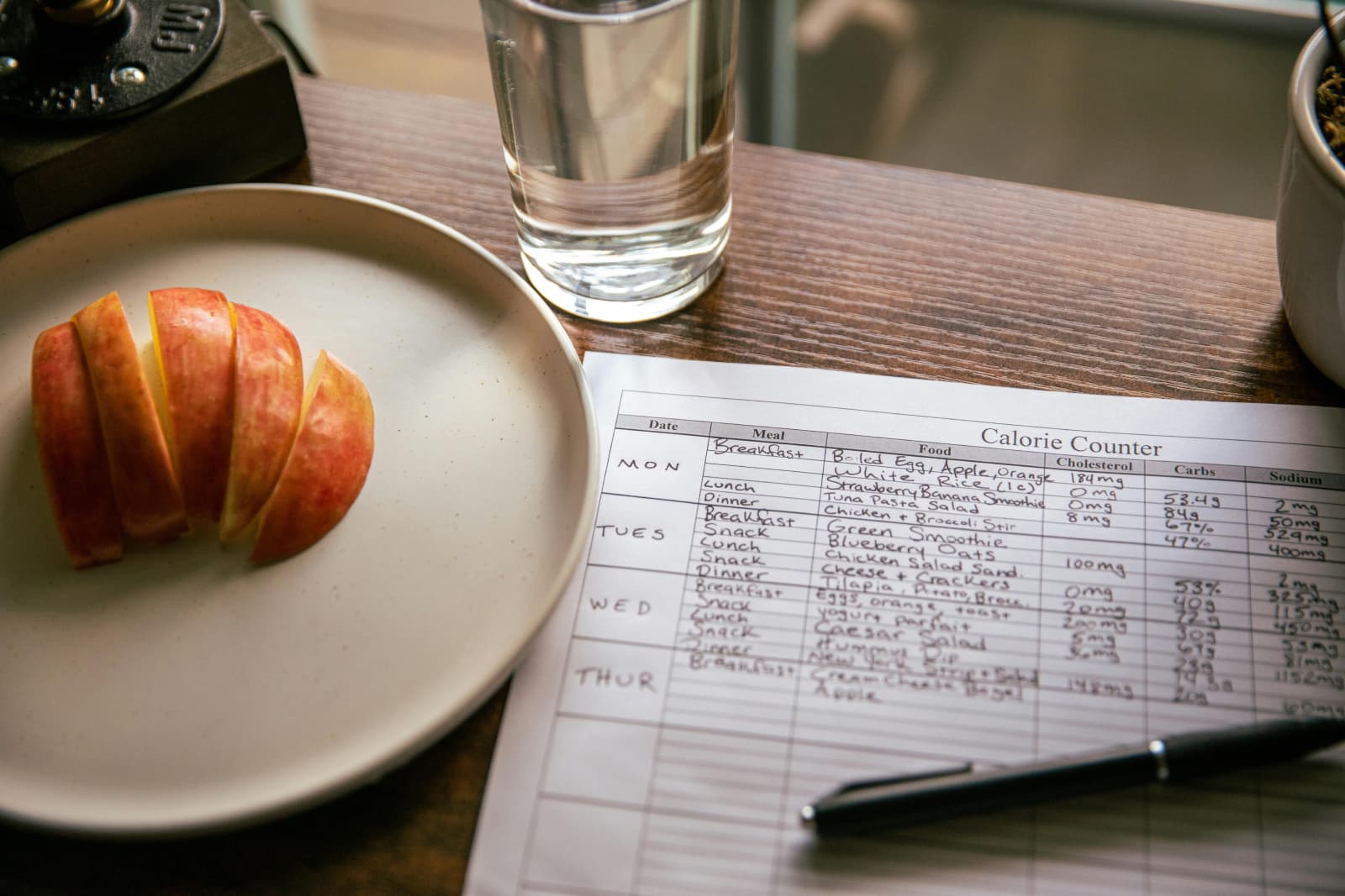 Counting calories sheet, with days and nutritional information of each meal and an apple to the side