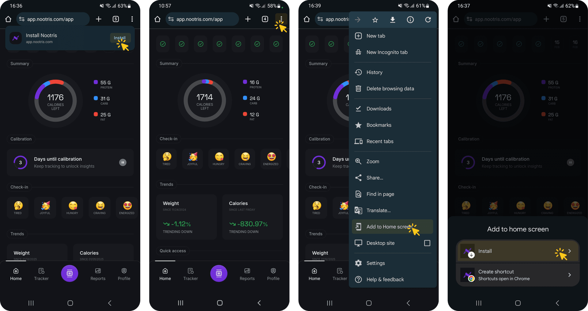 Four step images of an Android Phone screen installing nootris
