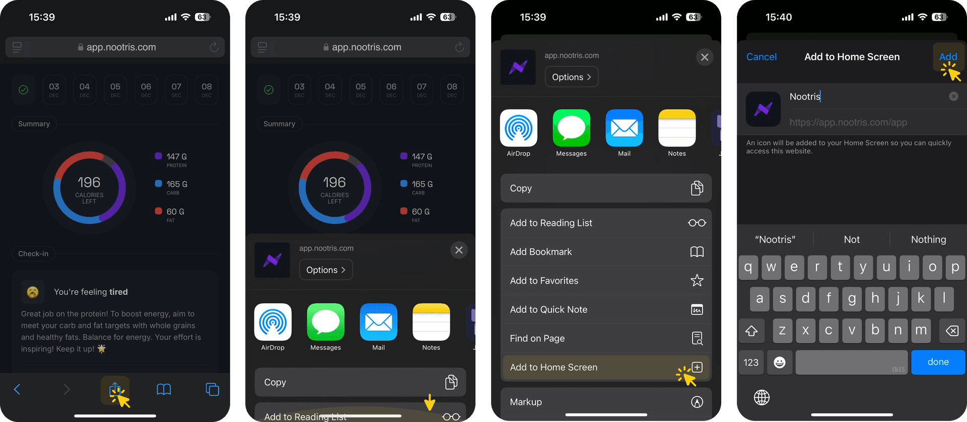 Four step images of an iPhone screen installing nootris
